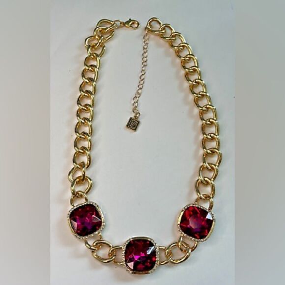 Laundry by Sheli Segal gold statement necklace magenta pink gems - Picture 1 of 4